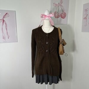 Y2K Vintage Brown Knit Milkmaid 3 Button Cardigan Sweater Womens‎ Medium